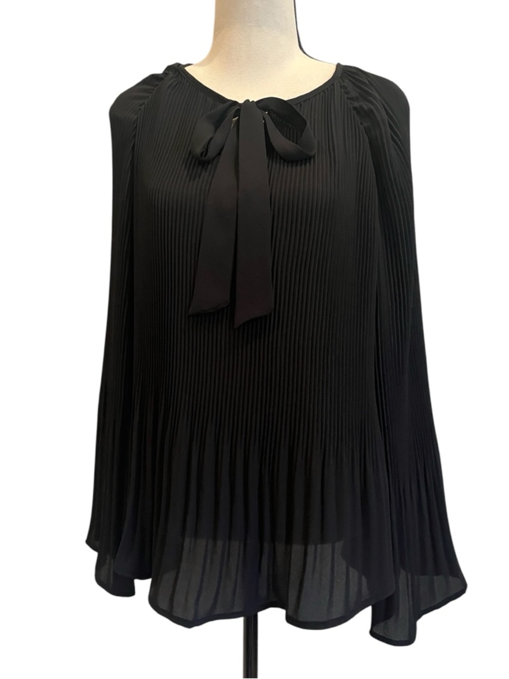 bobeau B Collection Black Pleated Bow-Neck Blouse Medium Semi Sheer